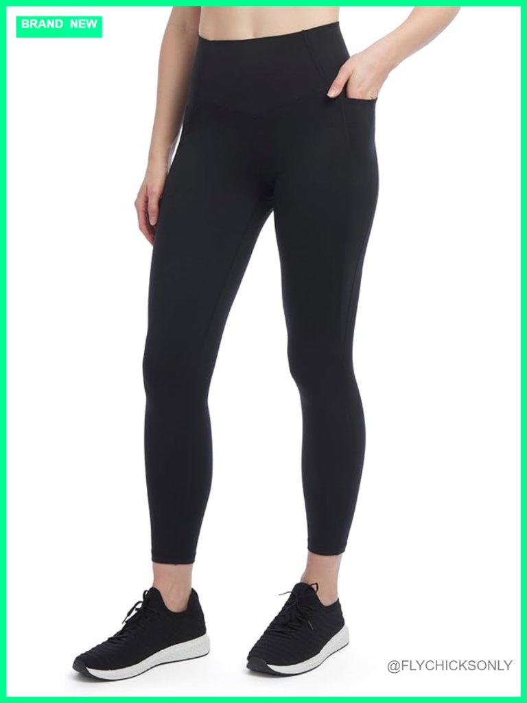 High Waist Full Length Leggings With Pockets, Polyester Spandex Blend